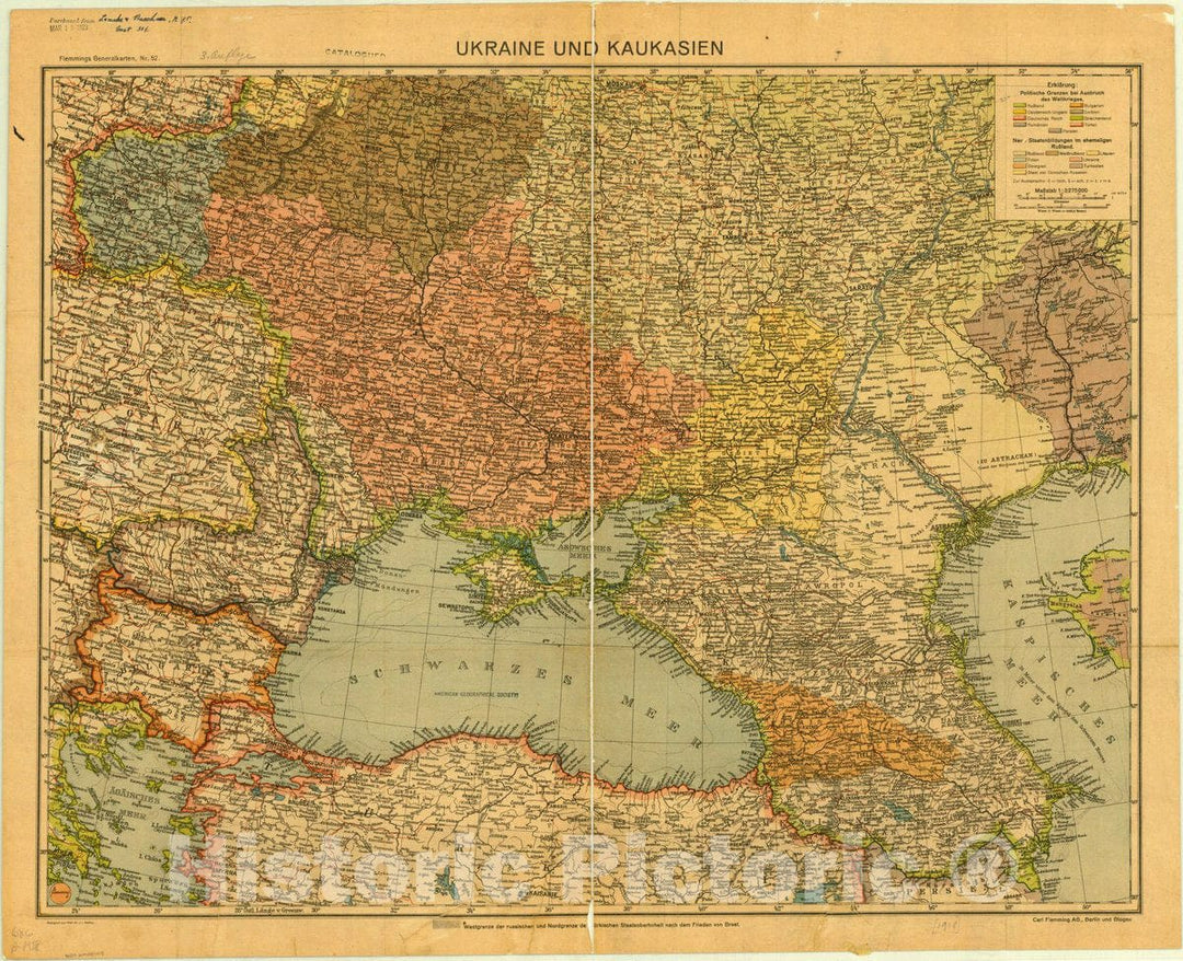 Map : Ukraine 1918, Flemmings Generalkarten, Nr. 52 Ukraine und Kaukasien , Antique Vintage Reproduction