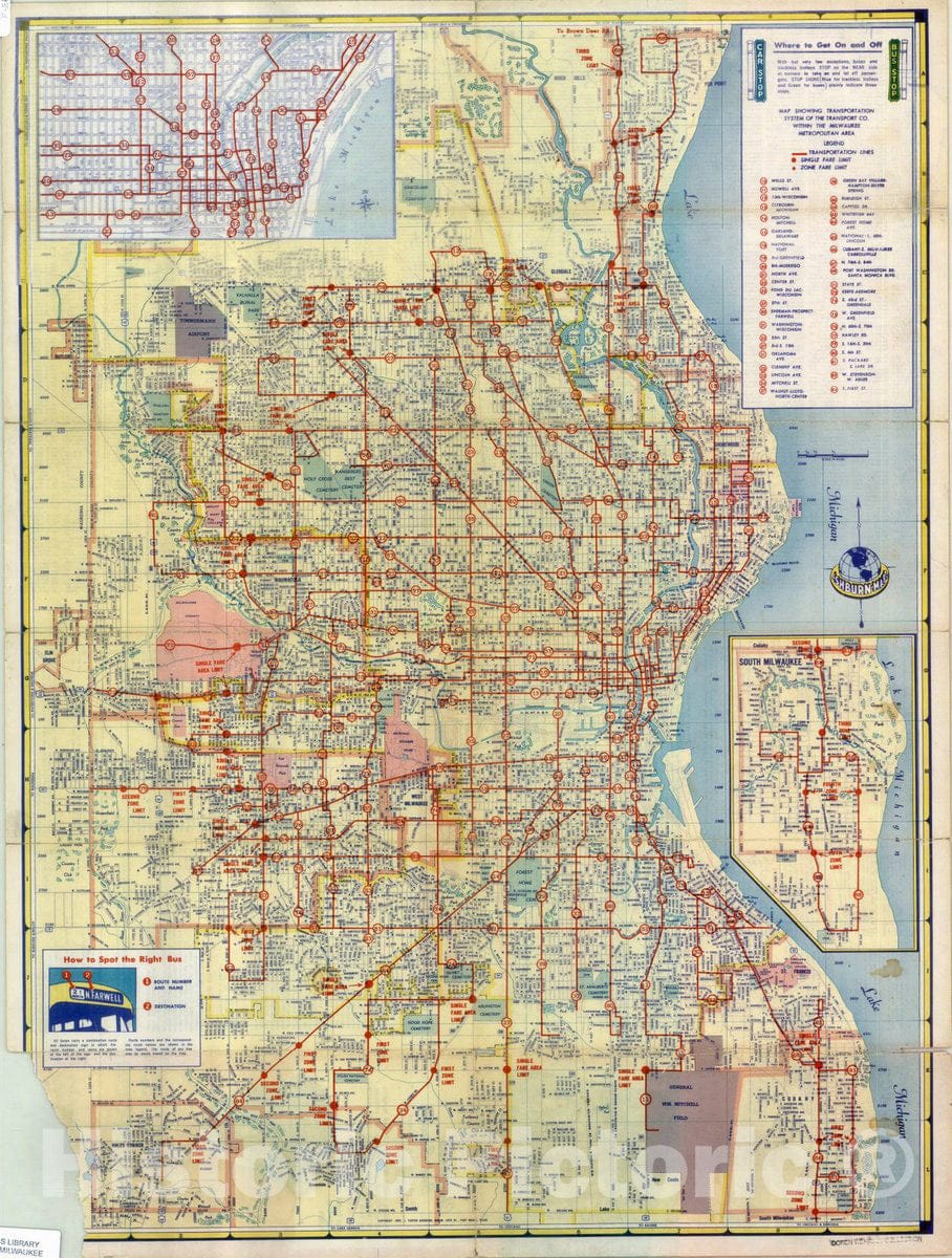 Map : Milwaukee, Wisconsin 1959, Milwaukee transit guide : metropolitan area , Antique Vintage Reproduction