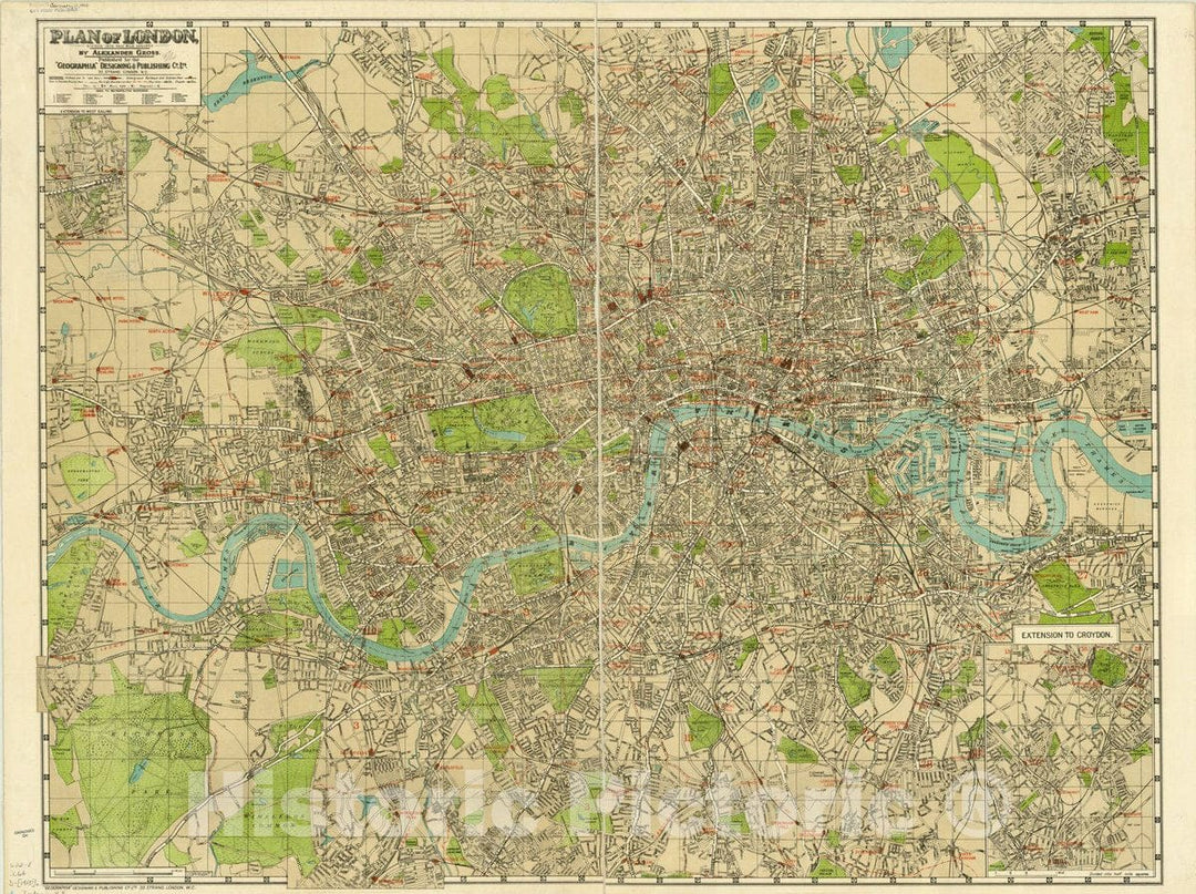 Map : London (England) 1913, Plan of London : divided into half mile squares , Antique Vintage Reproduction