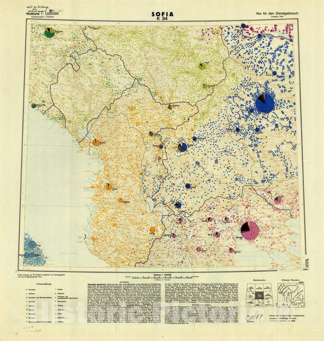 Map : Sofia, Bulgaria 1943, Weltkarte 1:1,000,000. Sofia K 34 , Antique Vintage Reproduction