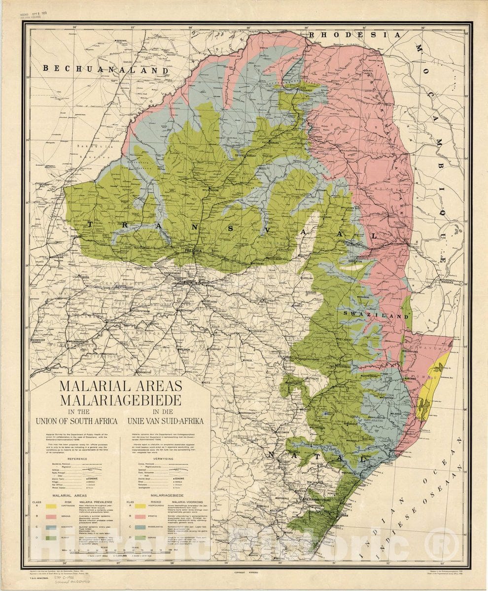 Map : South Africa 1951, Malarial areas in the Union of South Africa, Malariagebiede in die Unie van Suid-Afrika , Antique Vintage Reproduction