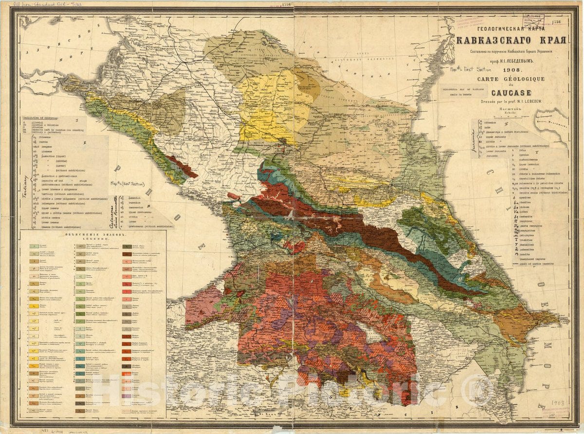 Map : Caucasus 1908, Geologicheskaia karta Kavkazskago kraia, Carte geologique du Caucase , Antique Vintage Reproduction