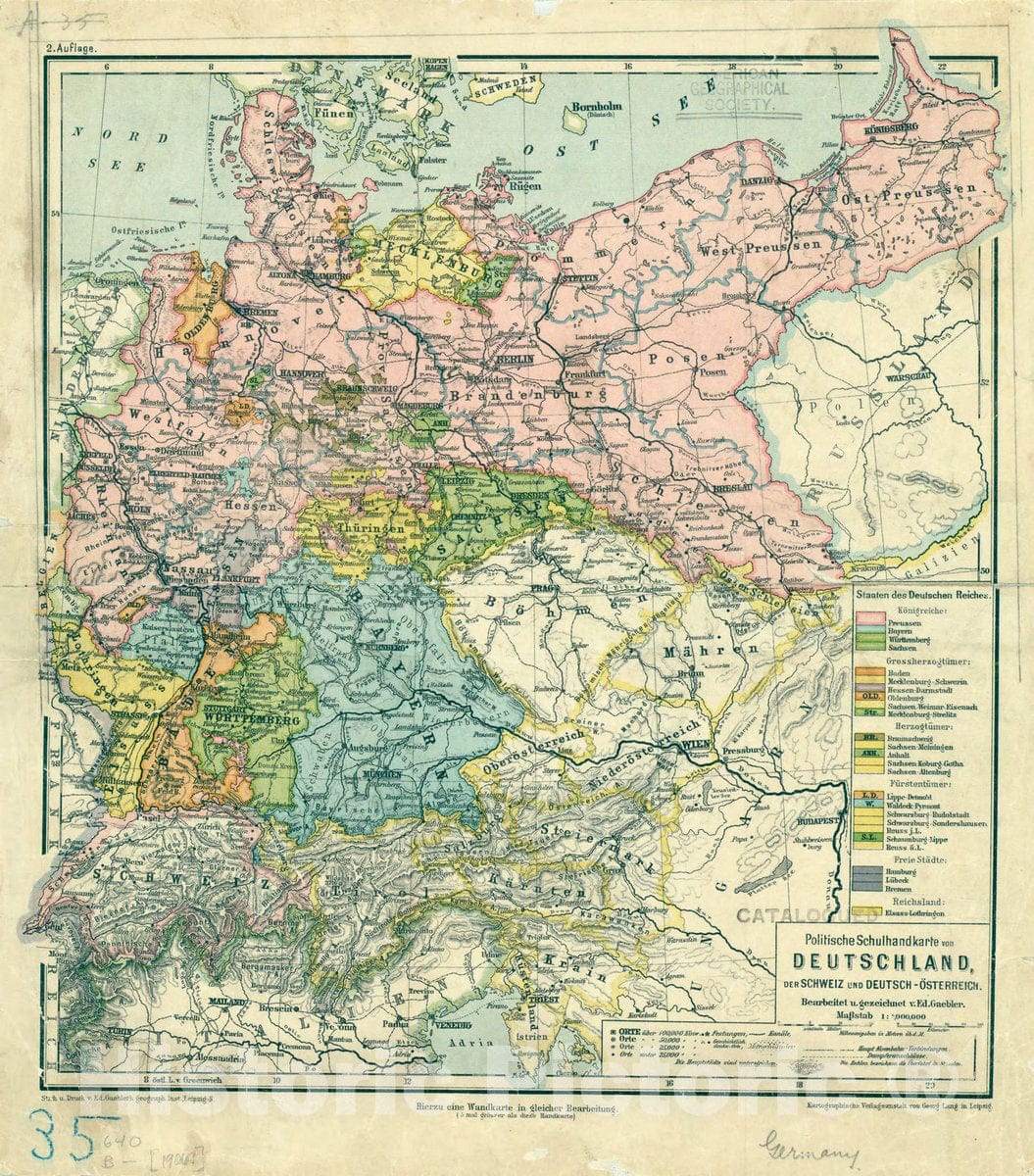 Map : Germany 1906, Politische Schulhandkarte von Deutschland, der Schweiz und Deutsch-Osterreich , Antique Vintage Reproduction