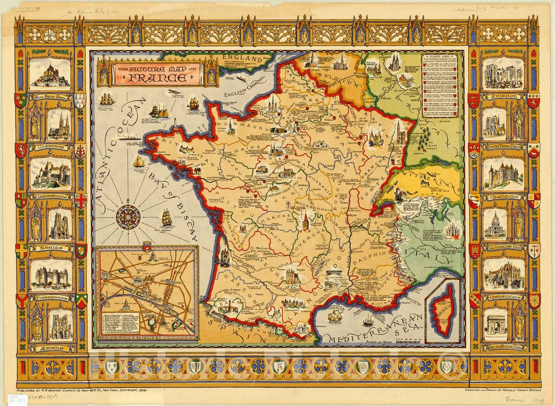 Map : France 1929, The picture map of France , Antique Vintage Reproduction