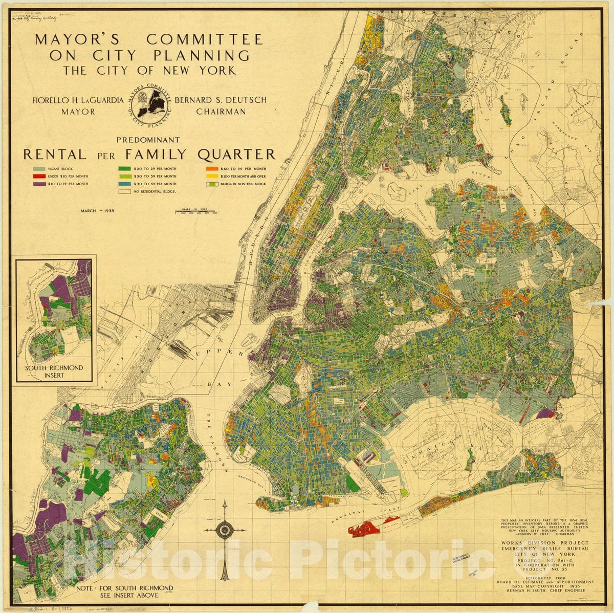 Map : New York City, New York 1935, Predominant rental per family quarter , Antique Vintage Reproduction