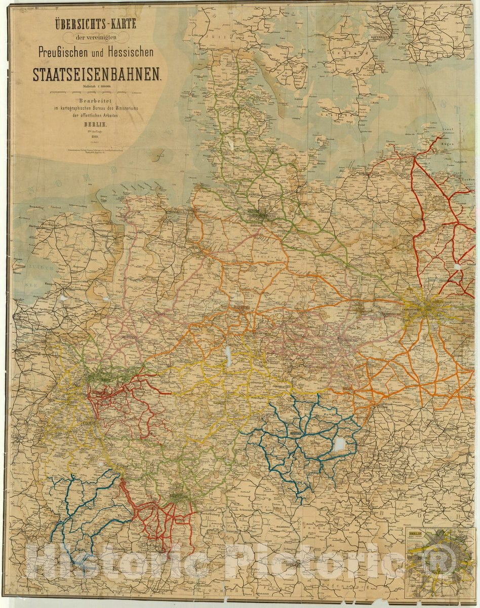 Map : Europe 1910, Ubersichts-karte der vereinigten Preuischen und Hessischen Staatseisenbahnen , Antique Vintage Reproduction