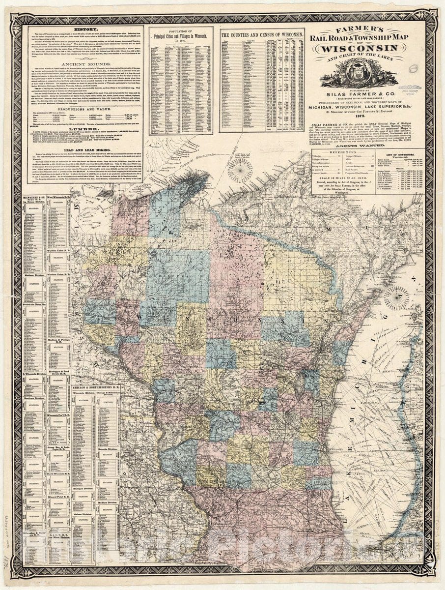 Map : Wisconsin 1872, Farmer's rail road & township map of Wisconsin and chart of the lakes , Antique Vintage Reproduction