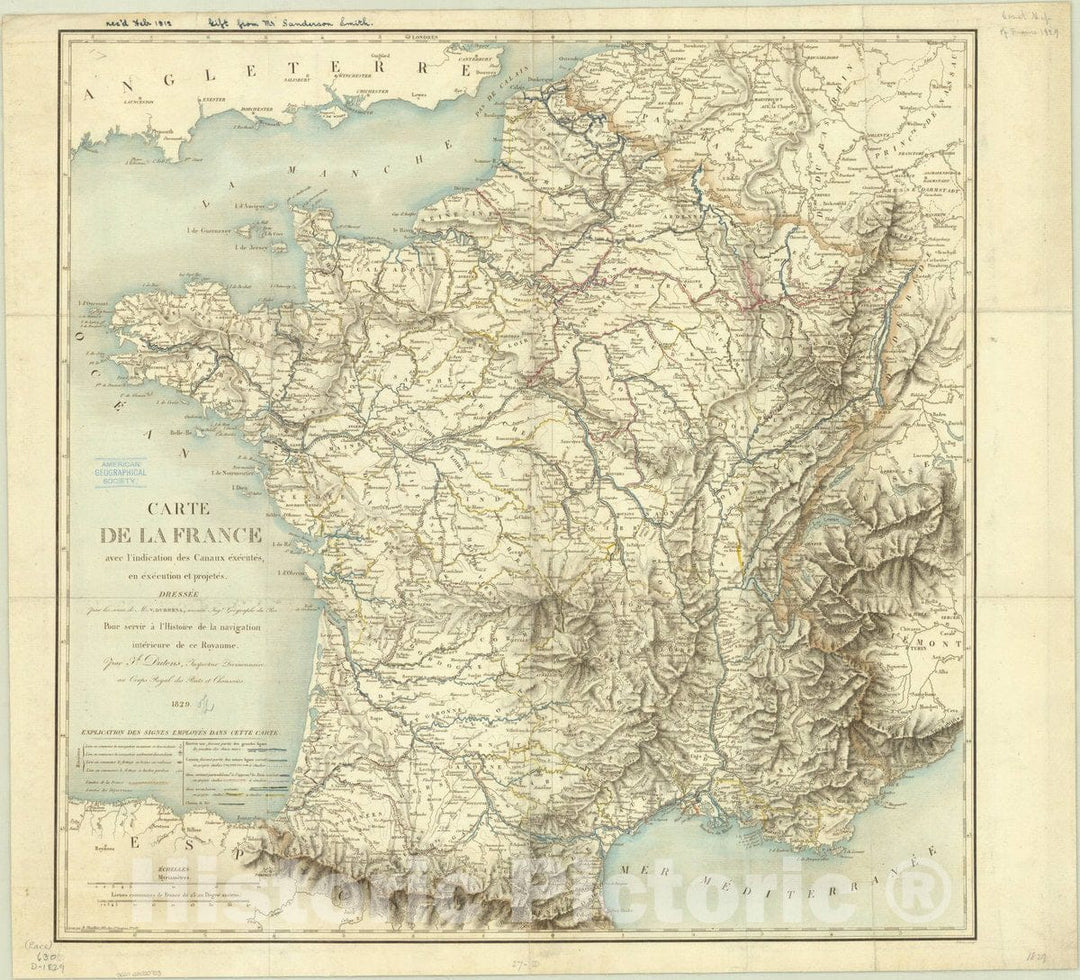 Map : France 1829, Carte de la France avec l'indication des Canaux executes, en execution et projetes , Antique Vintage Reproduction