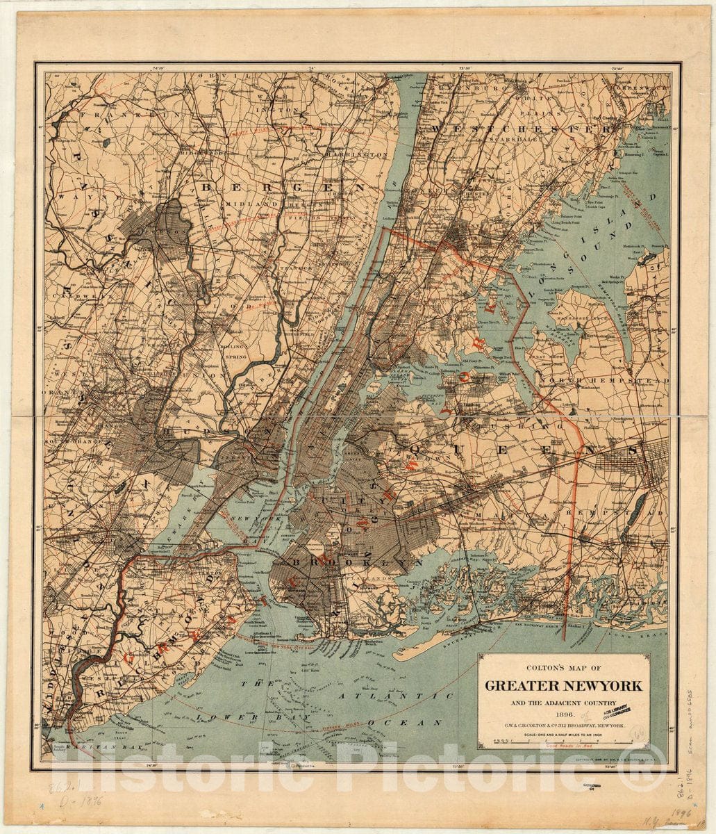 Map : New York City, New York 1896, Colton's map of greater New York and the adjacent country , Antique Vintage Reproduction