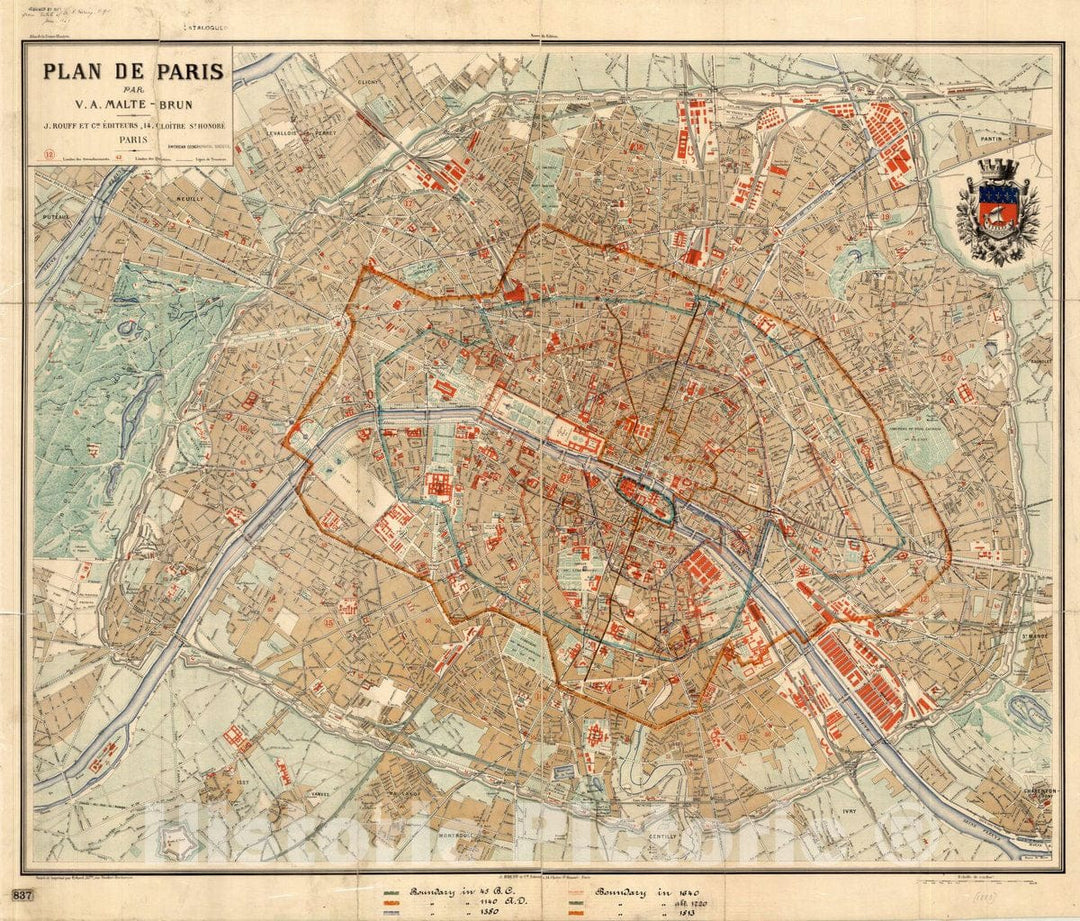 Map : Paris, France 1883, Plan de Paris , Antique Vintage Reproduction