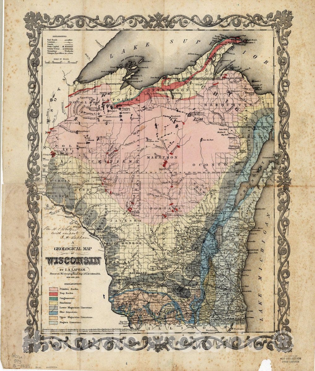 Map : Geologic map of Wisconsin 1855 2, A geological map of Wisconsin , Antique Vintage Reproduction