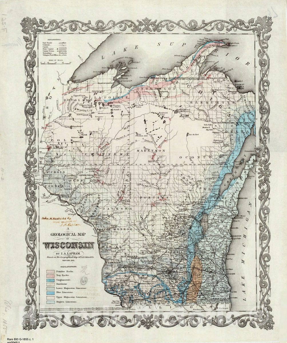 Map : Geologic map of Wisconsin 1855 1, A geological map of Wisconsin , Antique Vintage Reproduction