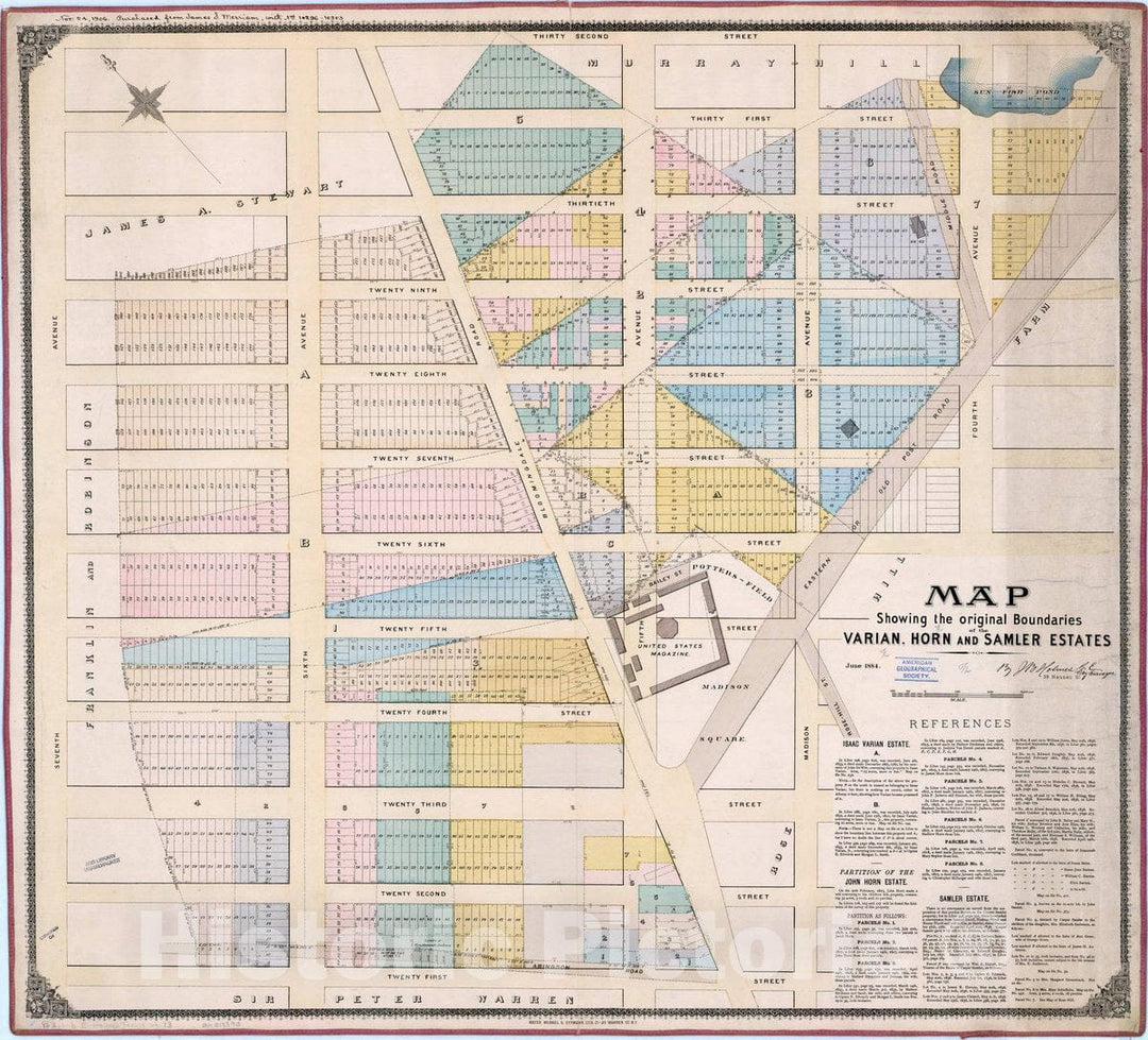 Map : Manhattan, New York 1884, Map showing the original boundaries of the Varian, Horn and Samler estates , Antique Vintage Reproduction