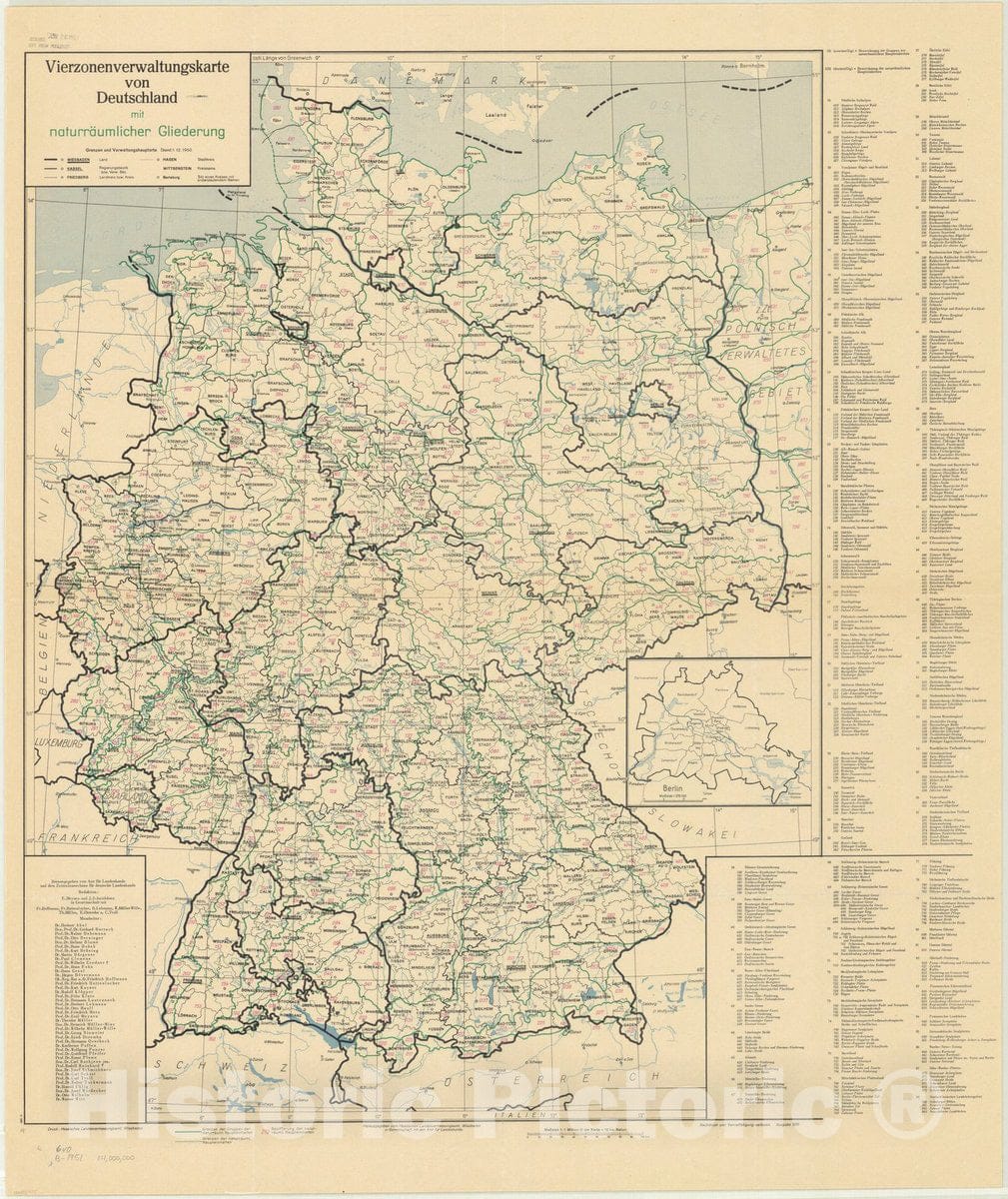 Map : Germany 1951, Vierzonenverwaltungskarte von Deutschland mit naturrA?umlicher Gliederung, Antique Vintage Reproduction