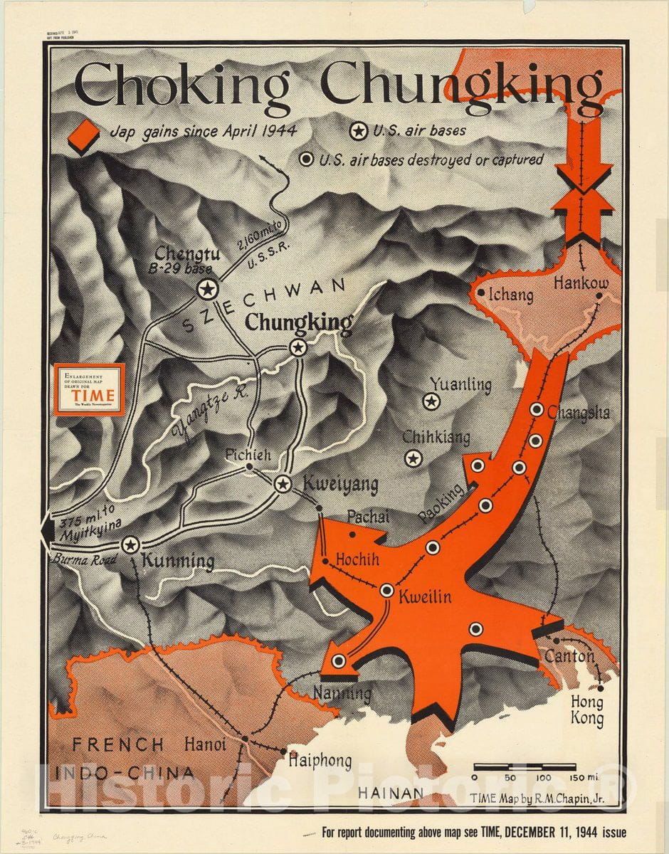 Map : Chongqing, China 1944, Choking Chungking , Antique Vintage Reproduction