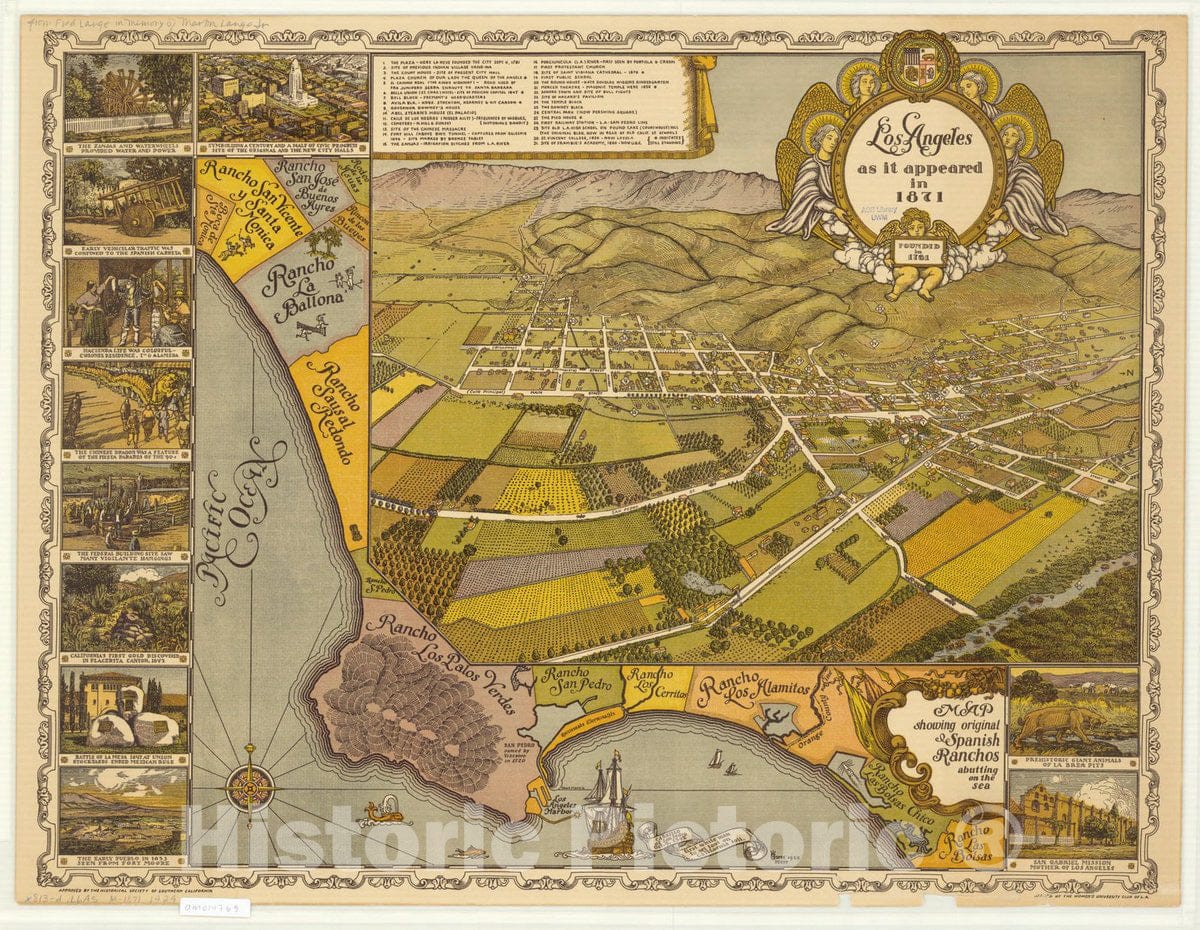 Map : Los Angeles, California 1929, Los Angeles as it appeared in 1871 , Antique Vintage Reproduction