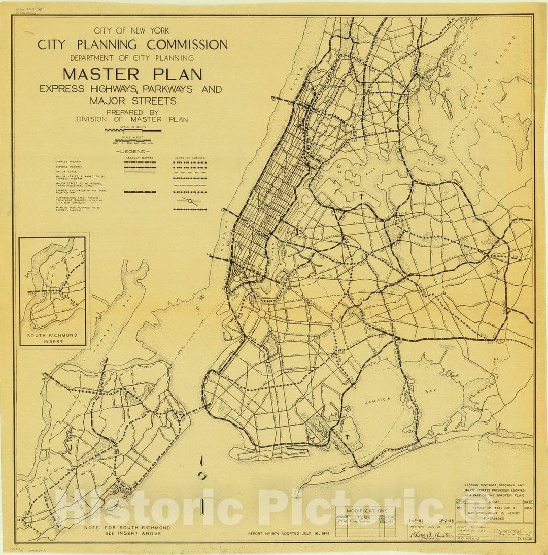 Map : New York City, New York 1943, Master plan express highways, parkways and major streets , Antique Vintage Reproduction