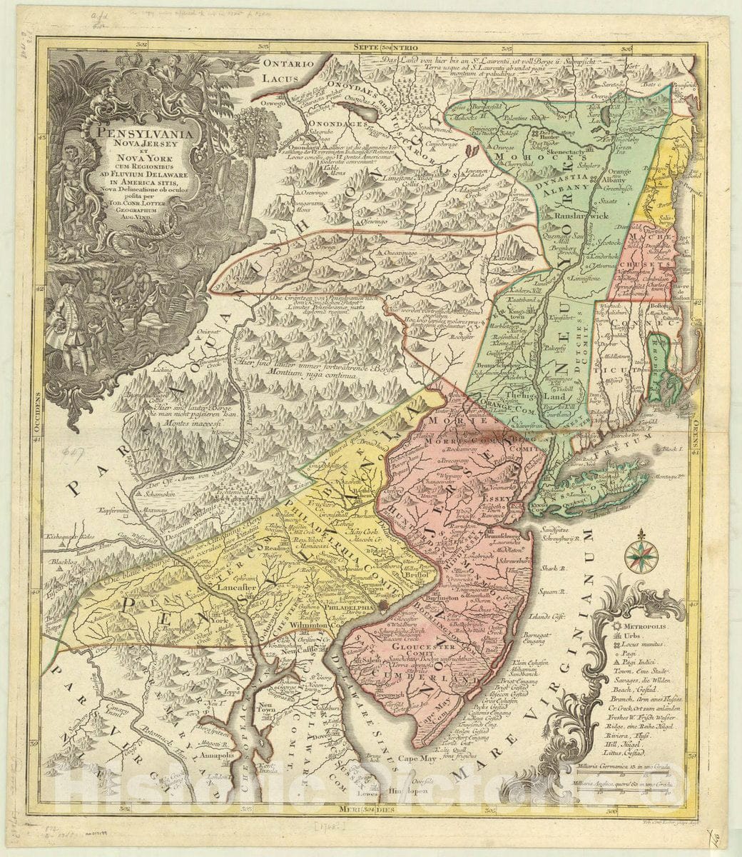 Map : Pennsylvania 1748?, Pensylvania, Nova Jersey et Nova York cum regionibus ad Fluvium Delaware in America sitis , Antique Vintage Reproduction