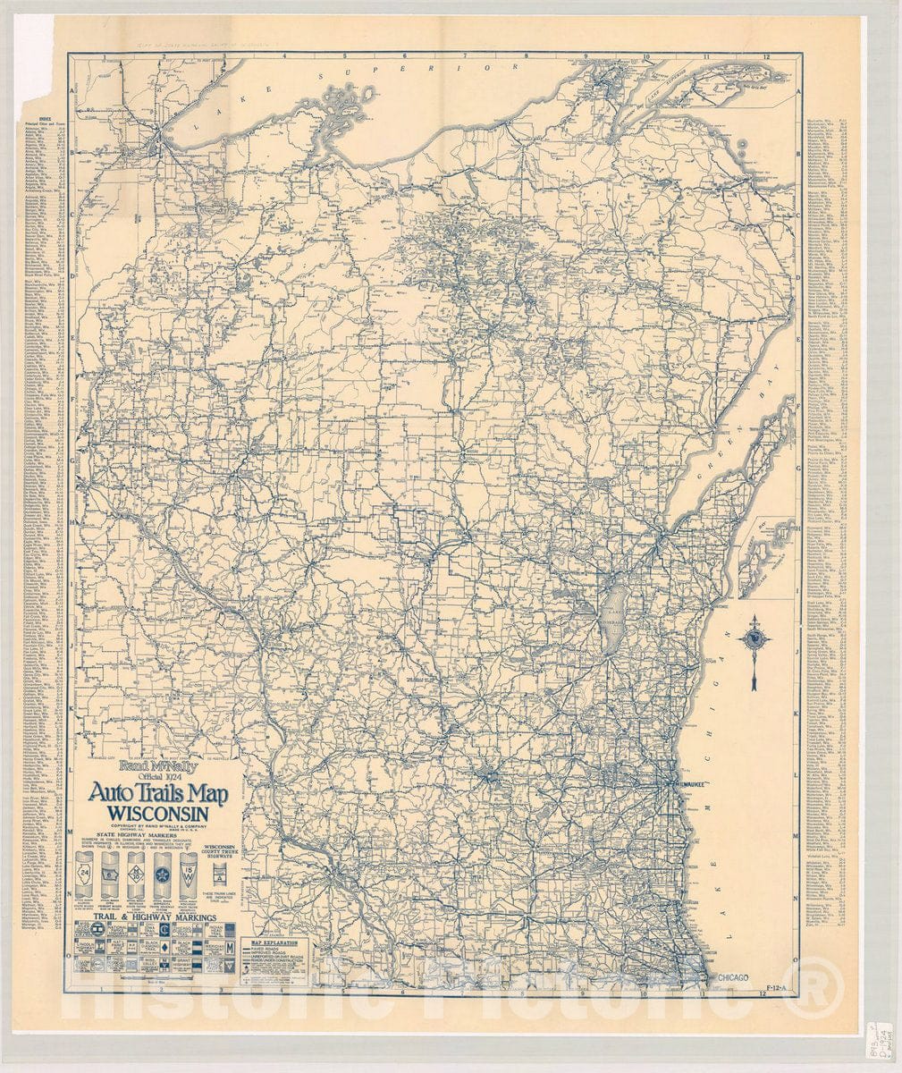 Map : Wisconsin 1924, Rand McNally official 1924 auto trails map, Wisconsin , Antique Vintage Reproduction