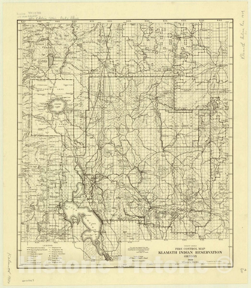 Map : Klamath Indian Reservation, Oregon 1929, Fire control map, Klamath Indian Reservation, Oregon , Antique Vintage Reproduction