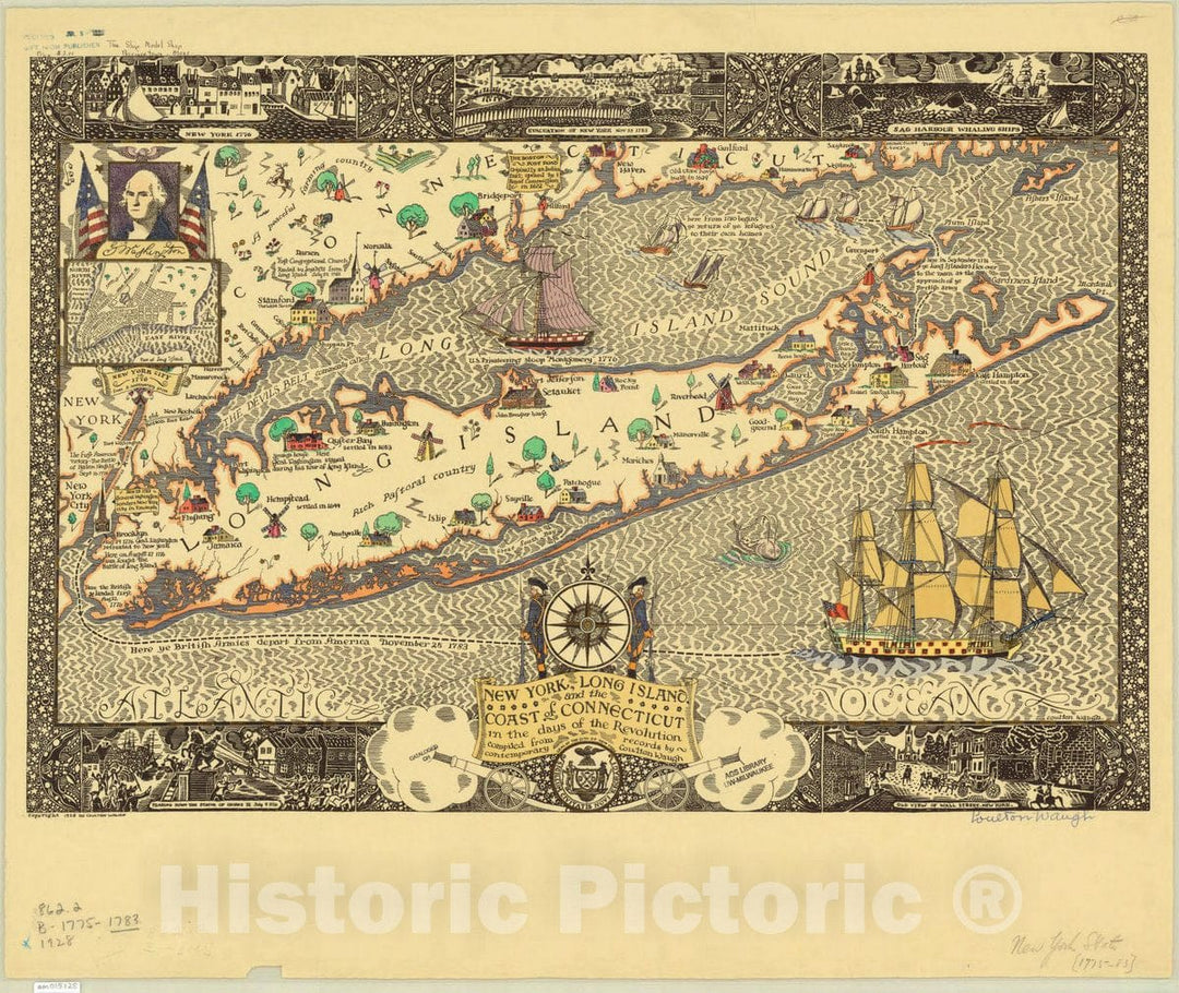 Map : Long Island, New York 1928, New York, Long Island and the coast of Connecticut in the days of the Revolution , Antique Vintage Reproduction