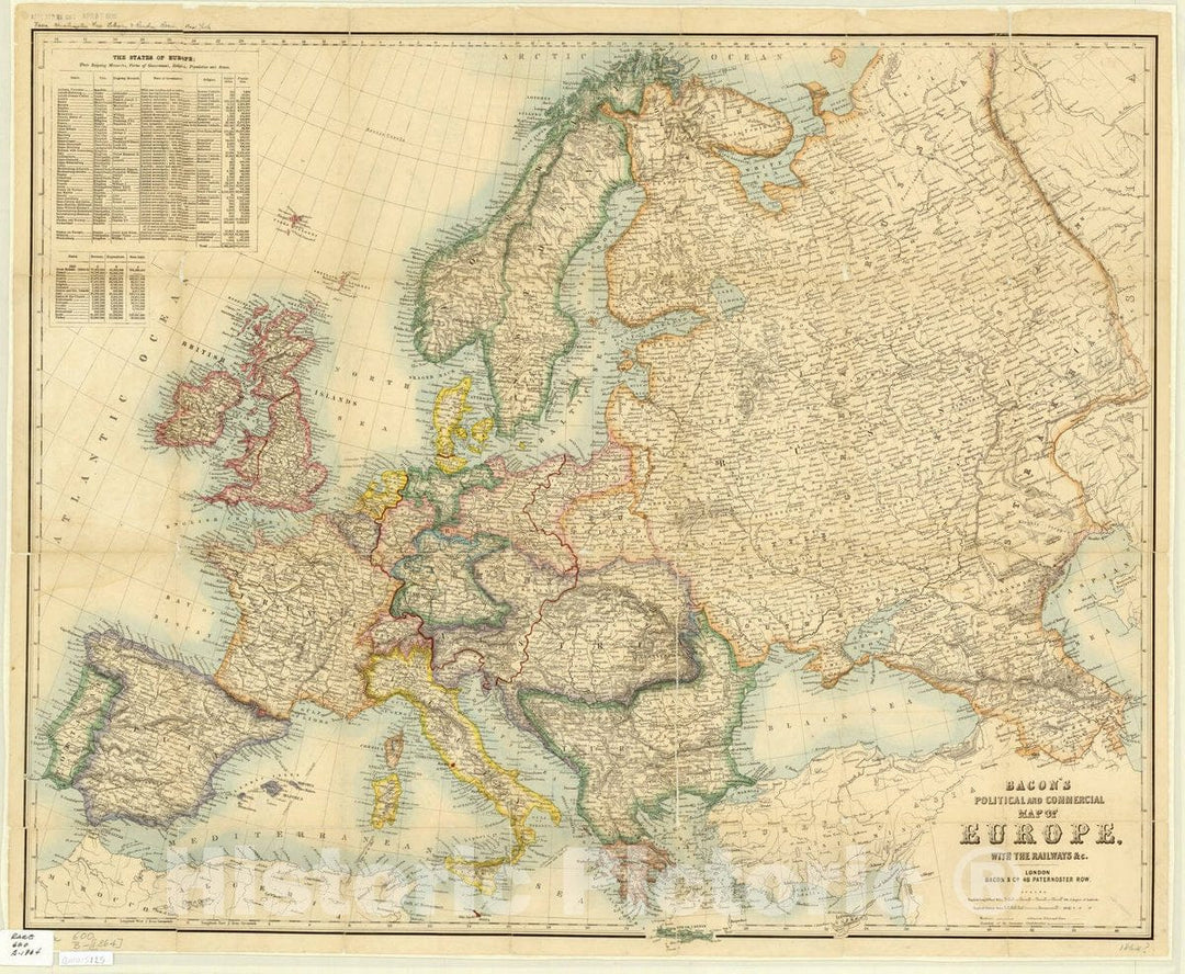 Map : Europe 1864, Bacon's political and commercial map of Europe with the railways &c, Antique Vintage Reproduction