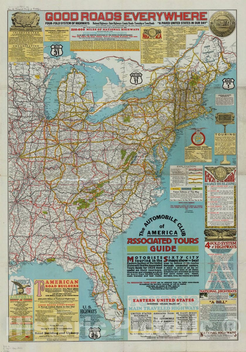 Map : United States 1926, Touring Eastern United States : showing 100,000 miles of main traveled highways , Antique Vintage Reproduction