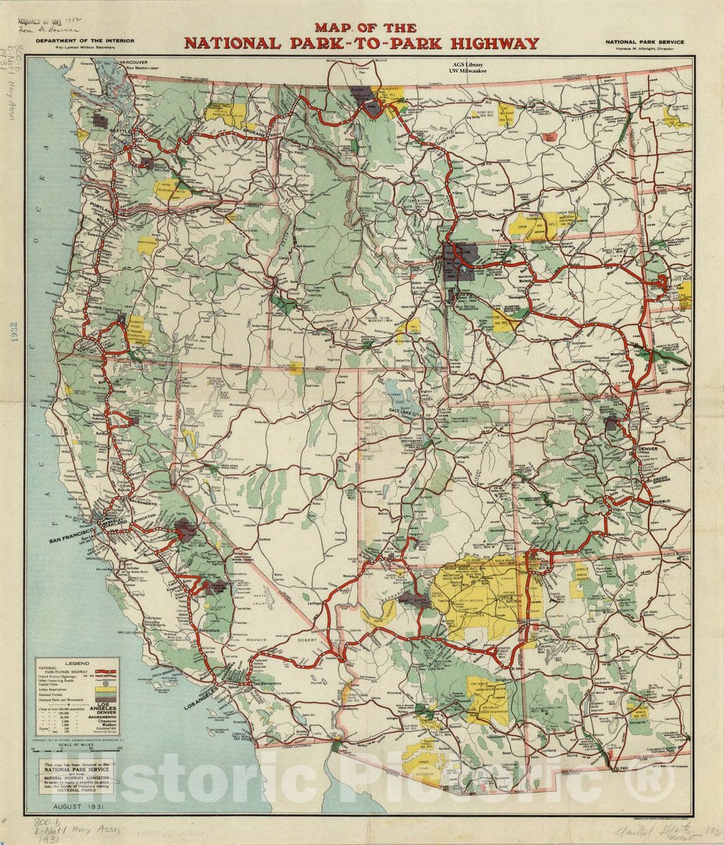 Map : United States 1931, Map of the national park-to-park highway, Antique Vintage Reproduction