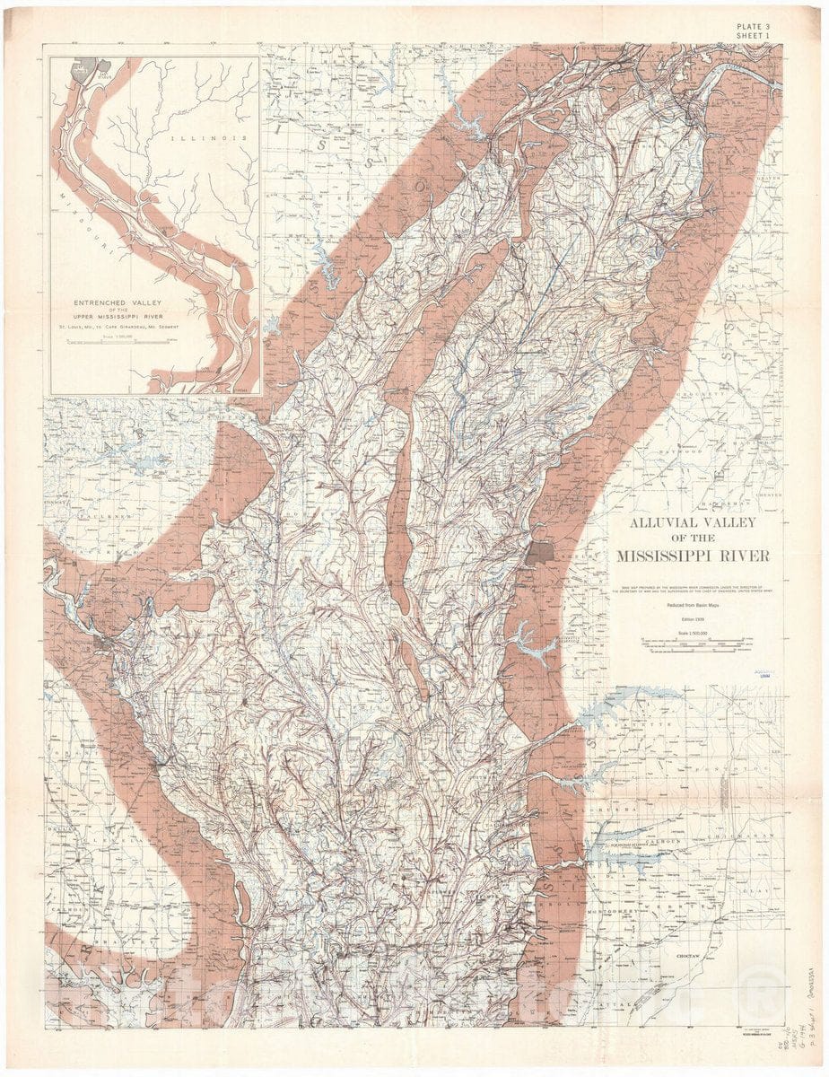 Map : Lower Mississippi River 1944 22, Geological investigation of the alluvial valley of the lower Mississippi river , Antique Vintage Reproduction