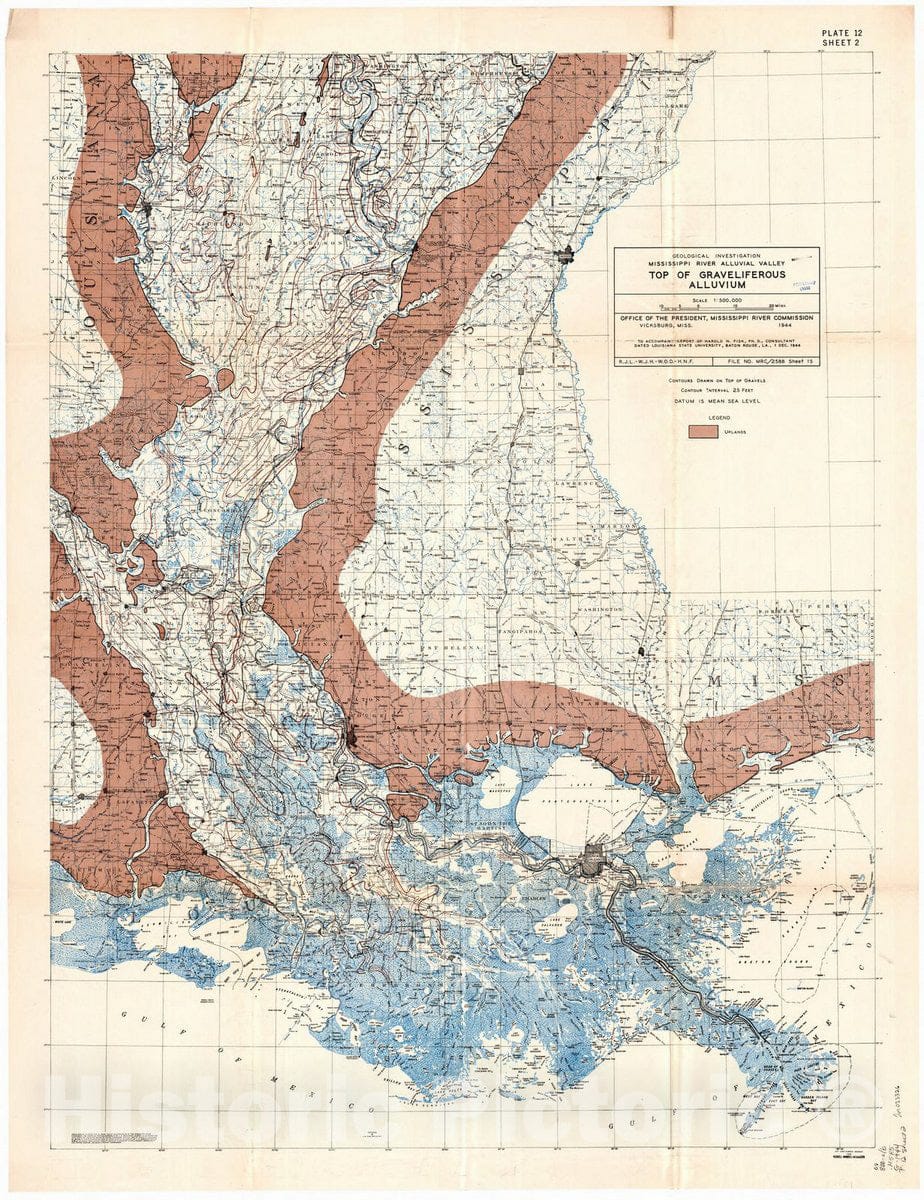 Map : Lower Mississippi River 1944 2, Geological investigation of the alluvial valley of the lower Mississippi river , Antique Vintage Reproduction