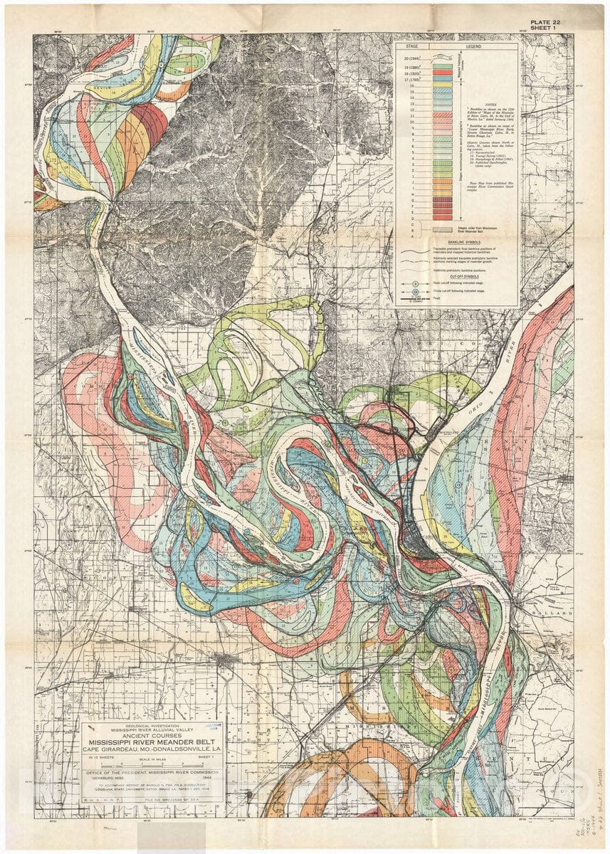 Map : Lower Mississippi River 1944 3, Geological investigation of the alluvial valley of the lower Mississippi river , Antique Vintage Reproduction