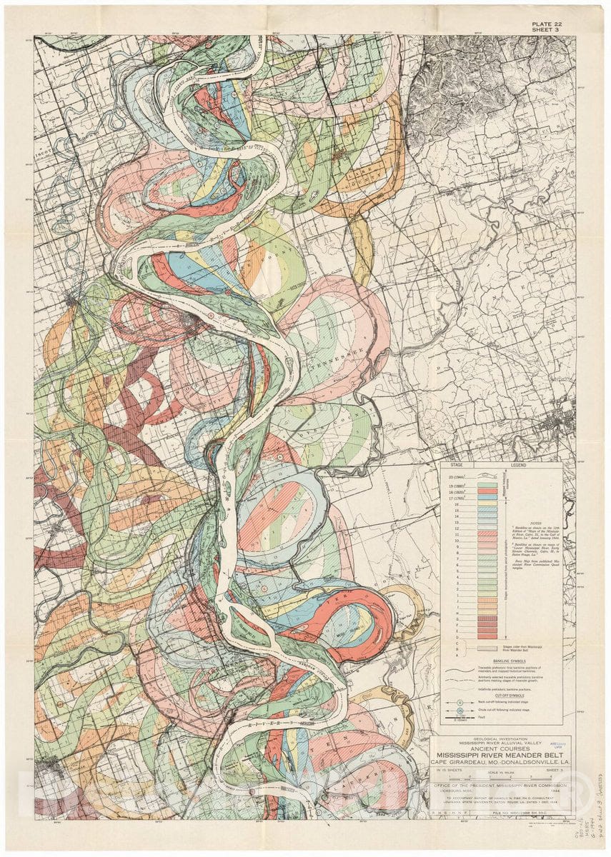 Map : Lower Mississippi River 1944 5, Geological investigation of the alluvial valley of the lower Mississippi river , Antique Vintage Reproduction