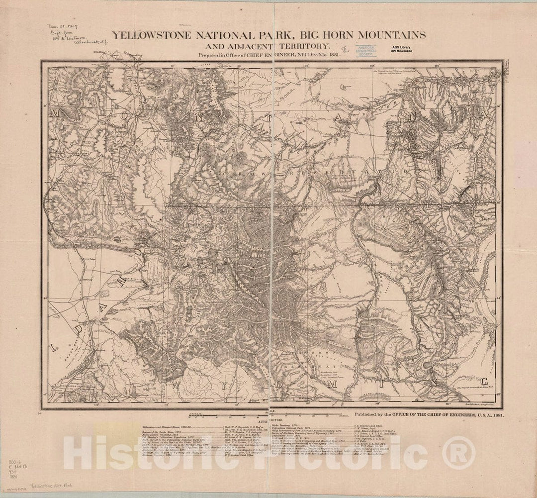 Map : Yellowstone National Park 1881, Yellowstone National Park, Big Horn Mountains and adjacent territory , Antique Vintage Reproduction