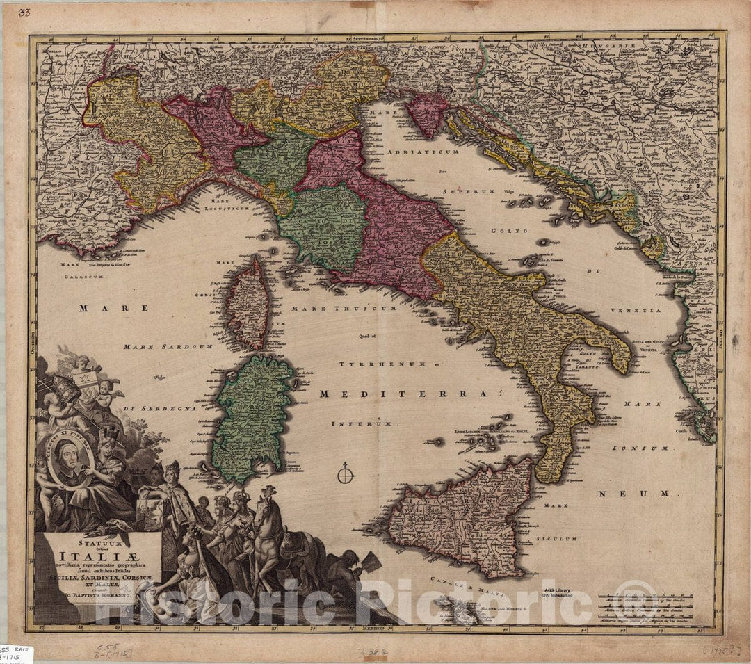 Map : Italy 1715, Statuum totius Italiae novissima repraesentatio geographica : simul exhibens insulas Siciliae, Sardiniae, Corsicae et Malta; Cum Privil. Caes.