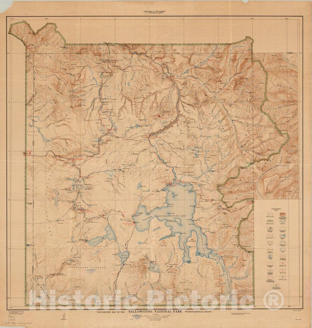 Map : Yellowstone National Park, Wyoming-Montana-Idaho 1930, Topographic map of the Yellowstone National Park, Wyoming-Montana-Idaho , Antique Vintage Reproduction