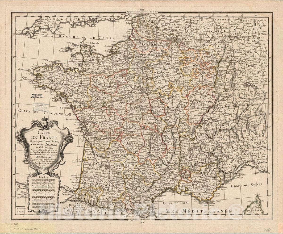 Map : France 1788, Carte de France : dressee pour l'instruction , Antique Vintage Reproduction