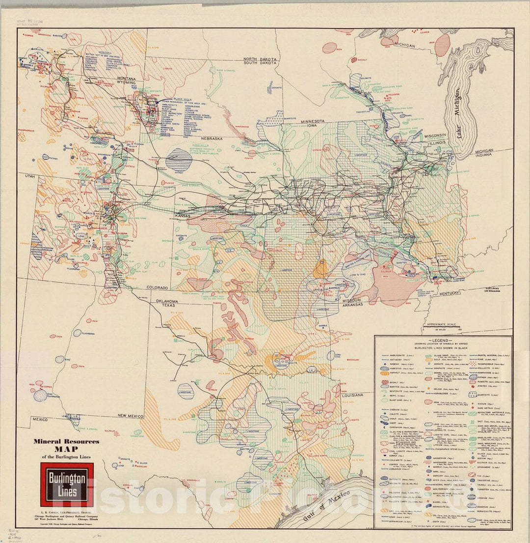 Map : United States, western 1940, Mineral resources map of the Burlington Lines, Antique Vintage Reproduction