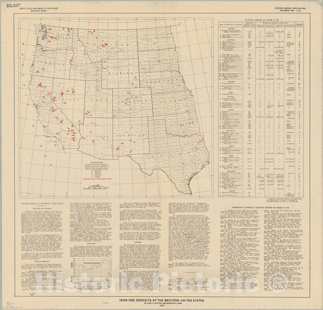 Map : United States, western 1947, Iron-ore deposits of the Western United States , Antique Vintage Reproduction