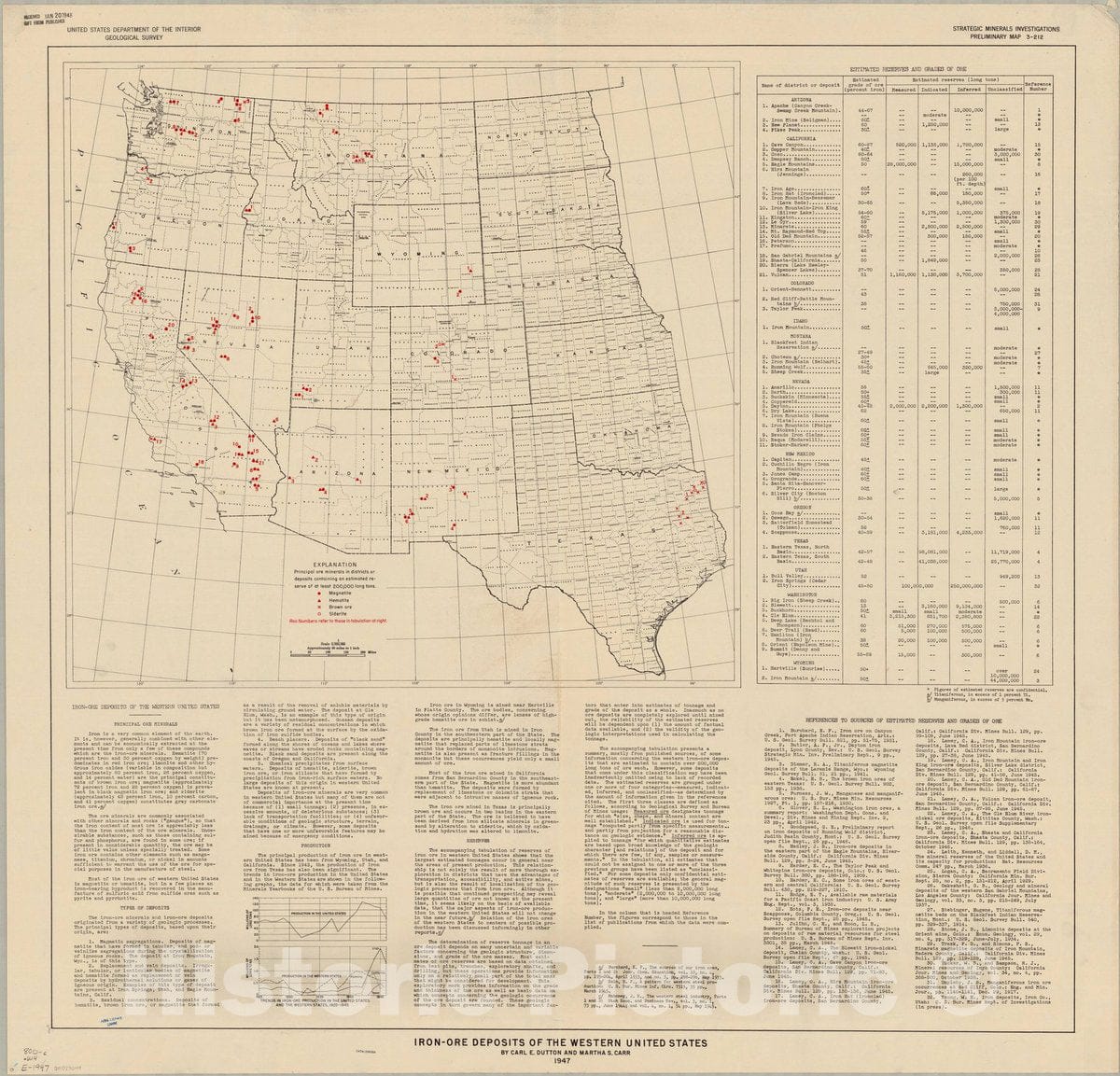 Map : United States, western 1947, Iron-ore deposits of the Western United States , Antique Vintage Reproduction