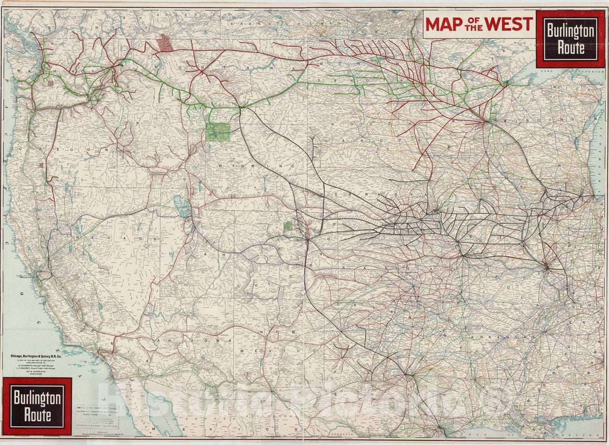 Map : United States, western region 1940, Map of the West, Burlington Route, Antique Vintage Reproduction