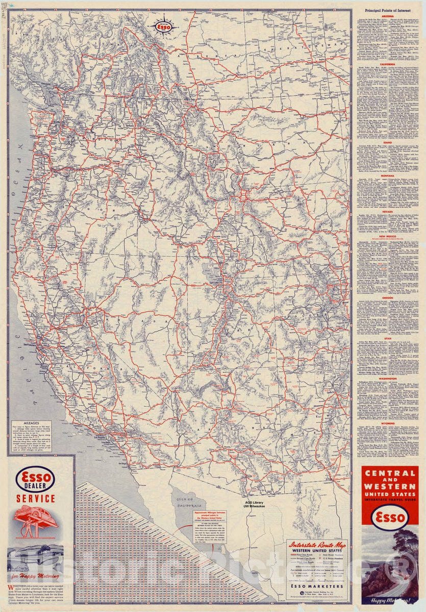 Map : United States, western 1946 3, Central and western United States and adjacent Canada interstate map , Antique Vintage Reproduction