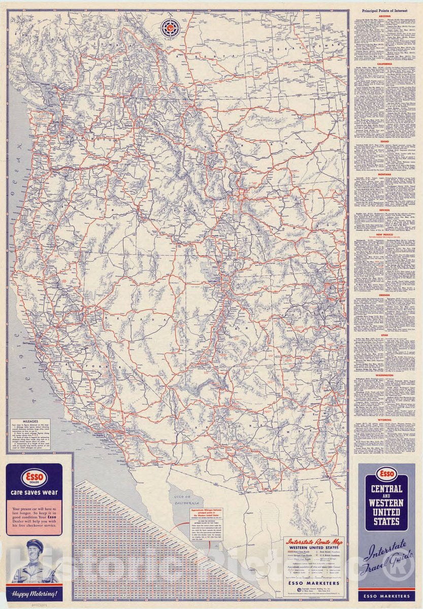 Map : United States, western 1942 1, Interstate route map [of the] central and western United States, Antique Vintage Reproduction