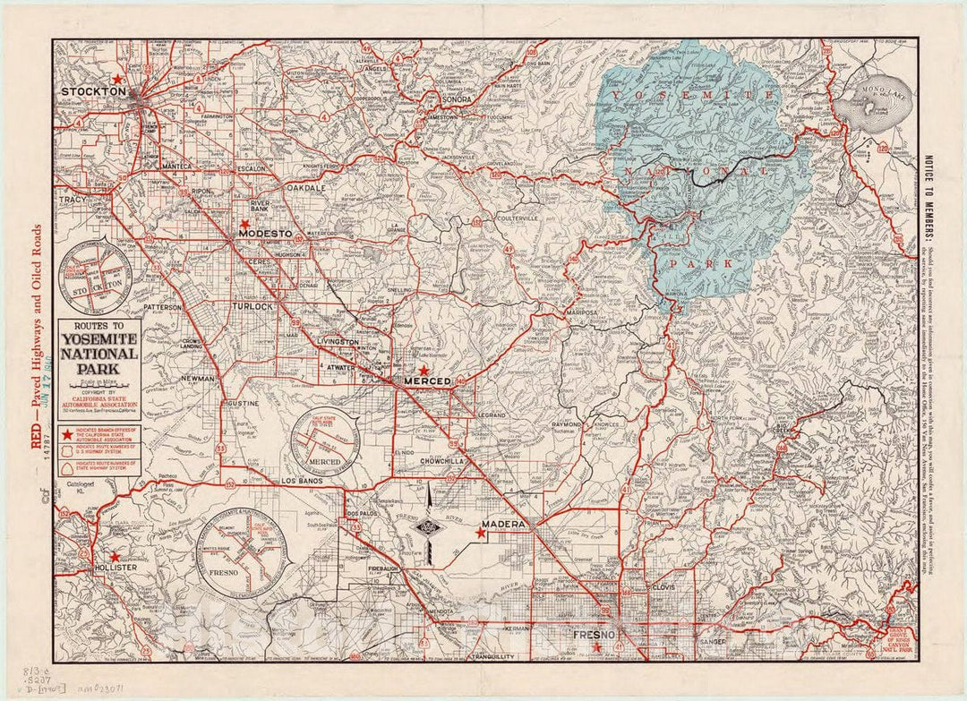 Map : Yosemite National Park 1940, Routes to Yosemite National Park , Antique Vintage Reproduction