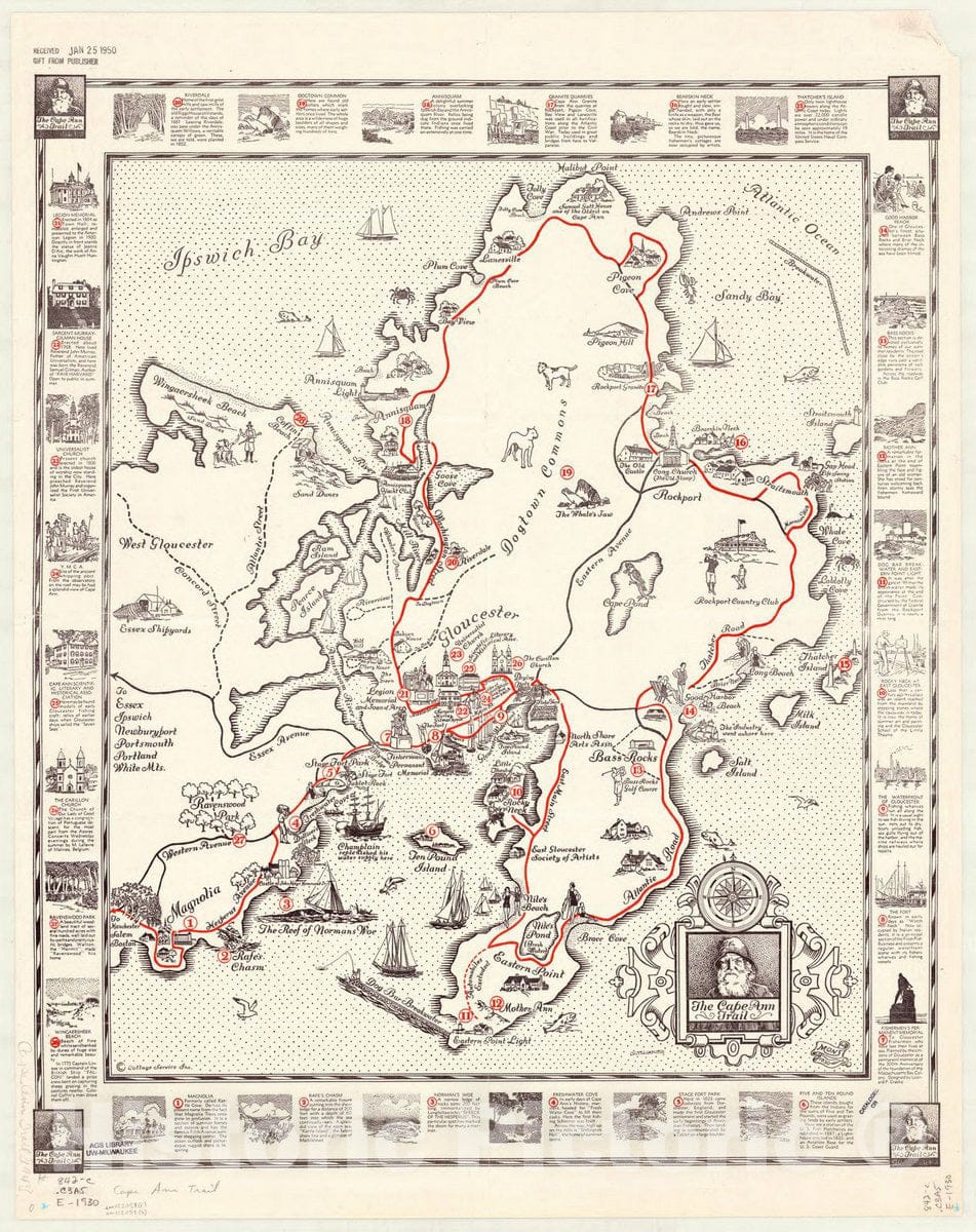 Map : Cape Ann, Massachusetts 1930, The Cape Ann trail, Antique Vintage Reproduction