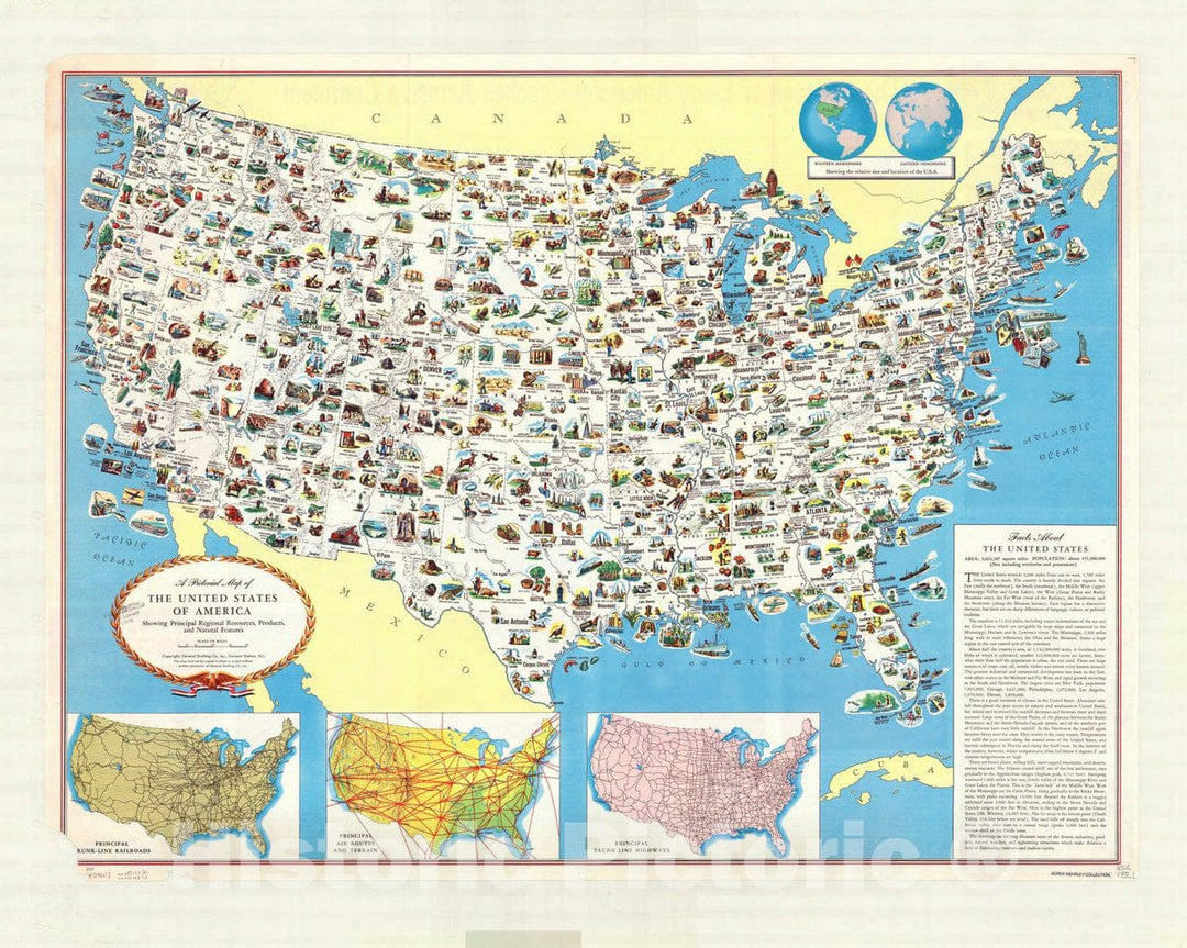 Map : United States 1950 8, Antique Vintage Reproduction