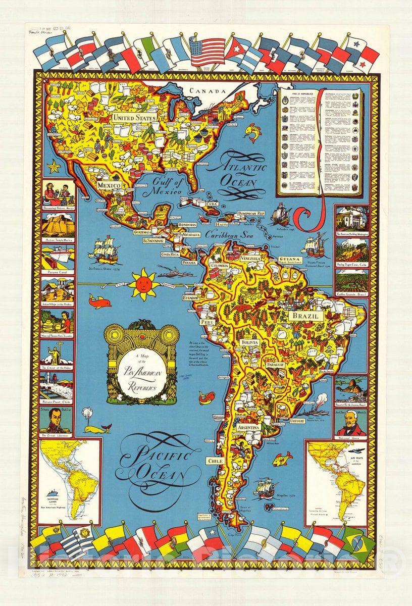 Map : South America 1942, A Map of the Pan American republics , Antique Vintage Reproduction