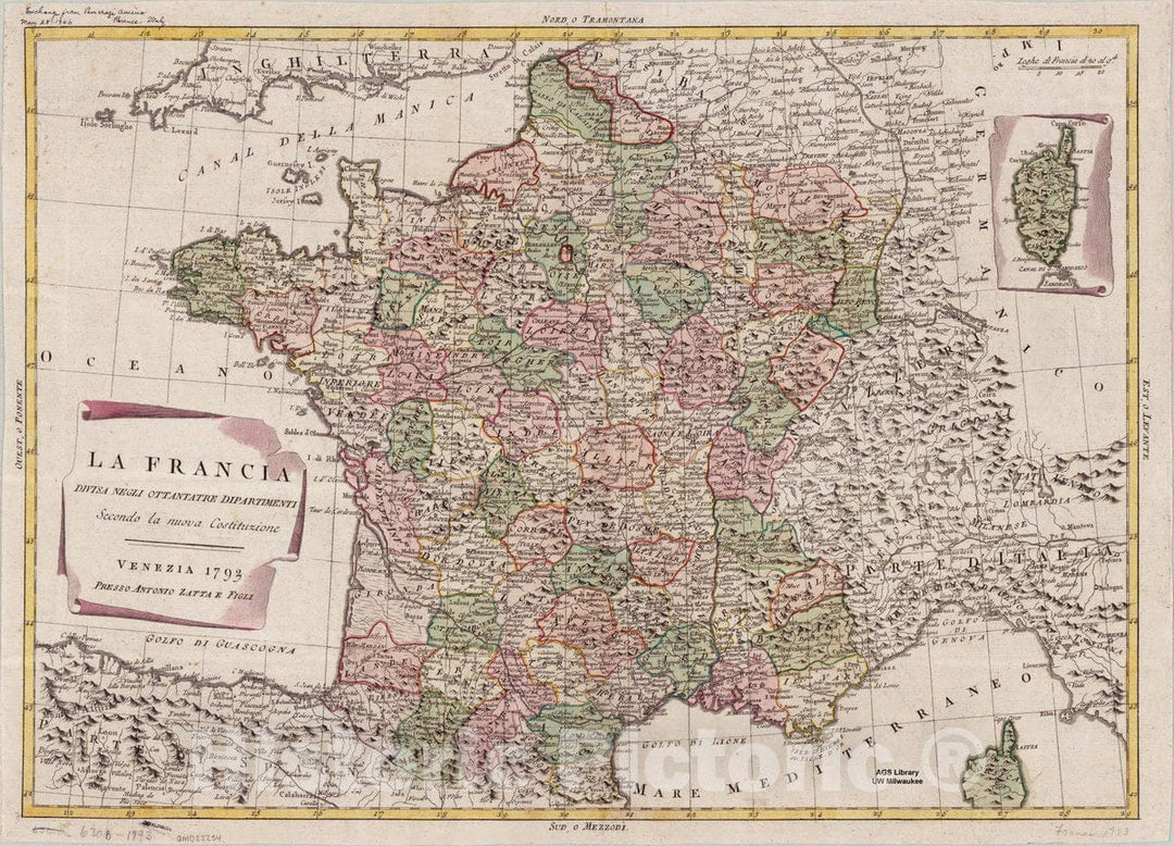 Map : France 1793, La Francia divisa negli ottantatre dipartimenti secondo la nuova costituzione , Antique Vintage Reproduction