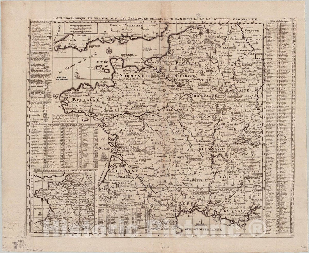 Map : France 1739, Carte geographique de France avec des remarques curieuses sur l'ancienne et la nouvelle geographie, Antique Vintage Reproduction