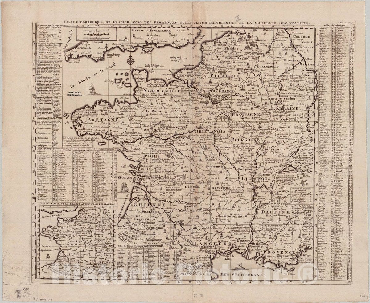 Map : France 1739, Carte geographique de France avec des remarques curieuses sur l'ancienne et la nouvelle geographie, Antique Vintage Reproduction