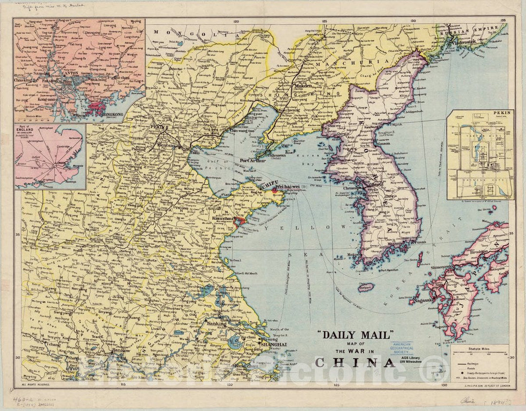 Map : China 1894, |"Daily mail|" map of the war in China , Antique Vintage Reproduction